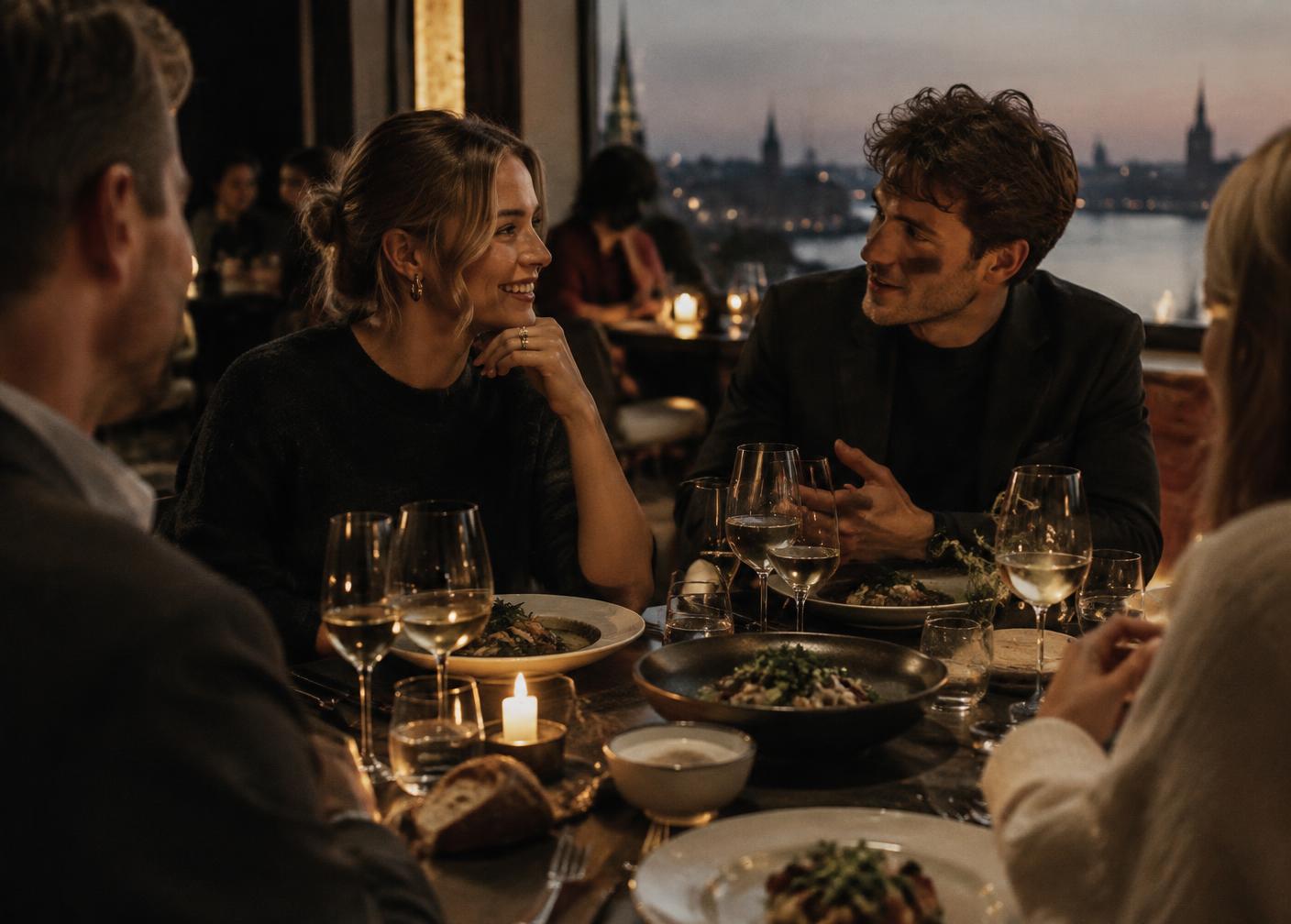 Friends dining together at a city restaurant